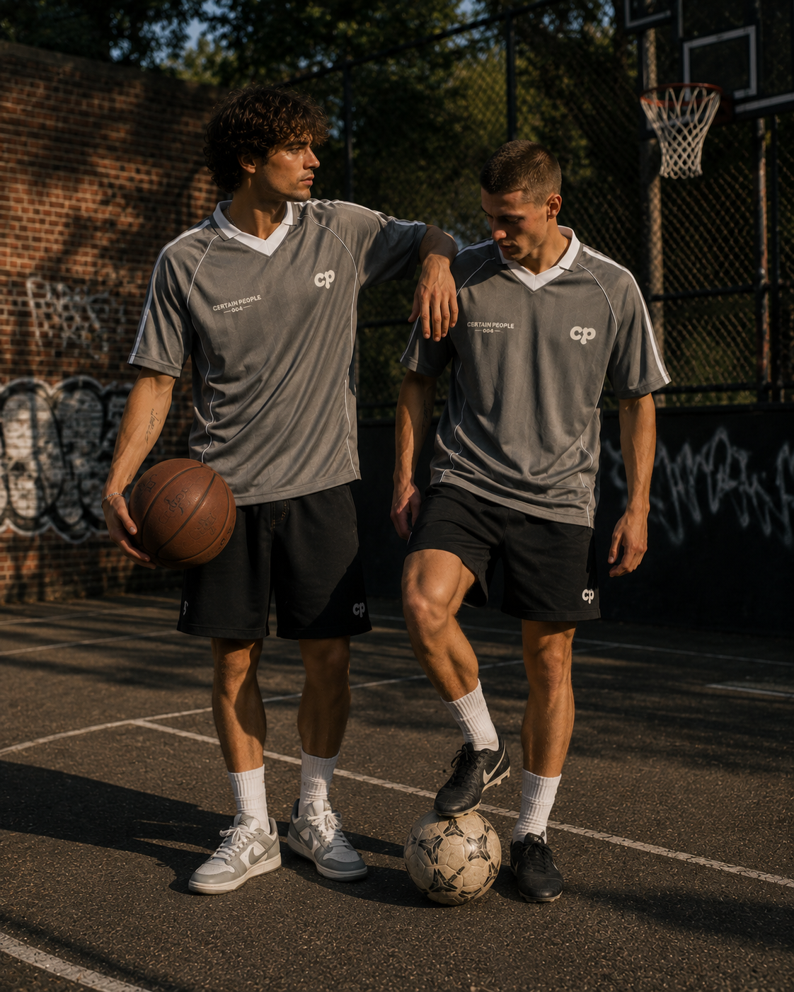 Two men standing on an outdoor basketball court wearing matching gray athletic jerseys with white logos, black shorts, white socks, and sneakers. One holds a basketball, and the other has a soccer ball at his foot.