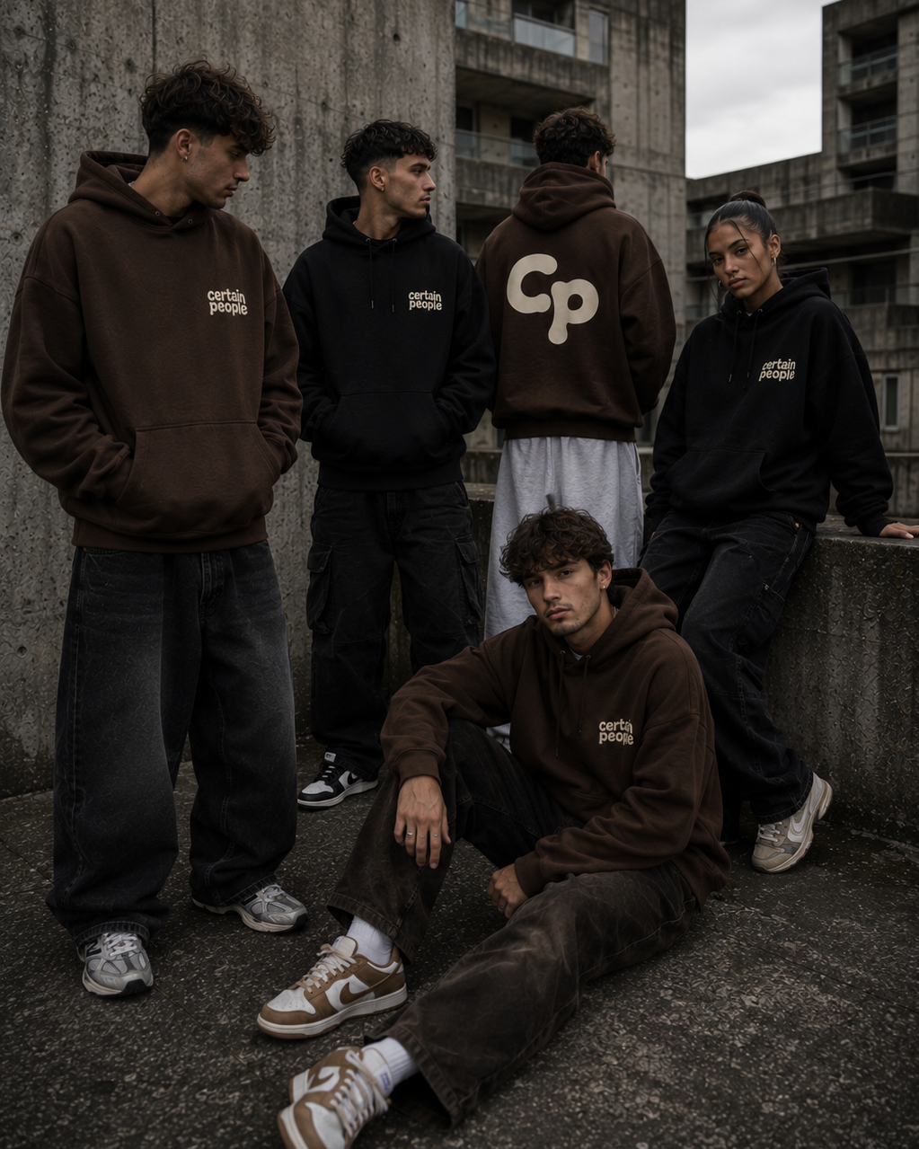 Five men wearing streetwear hoodies and sweatshirts stand and sit on concrete steps in front of a brutalist concrete building. Several hoodies feature a small white chest logo, including a prominent brown hoodie with 'Cp' on the back.